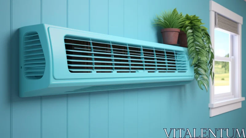 AI ART Vintage Blue Wall-Mounted Air Conditioner with Potted Plant