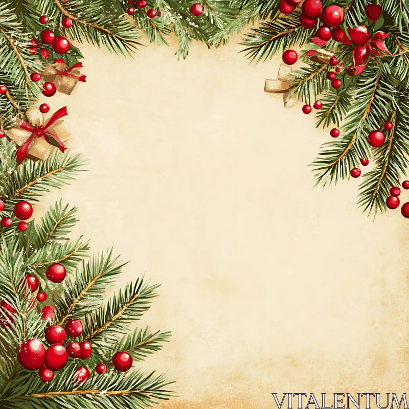 Festive Holiday Border with Pine Branches and Berries AI Image