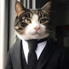 Sophisticated Cat in Formal Attire by the Window