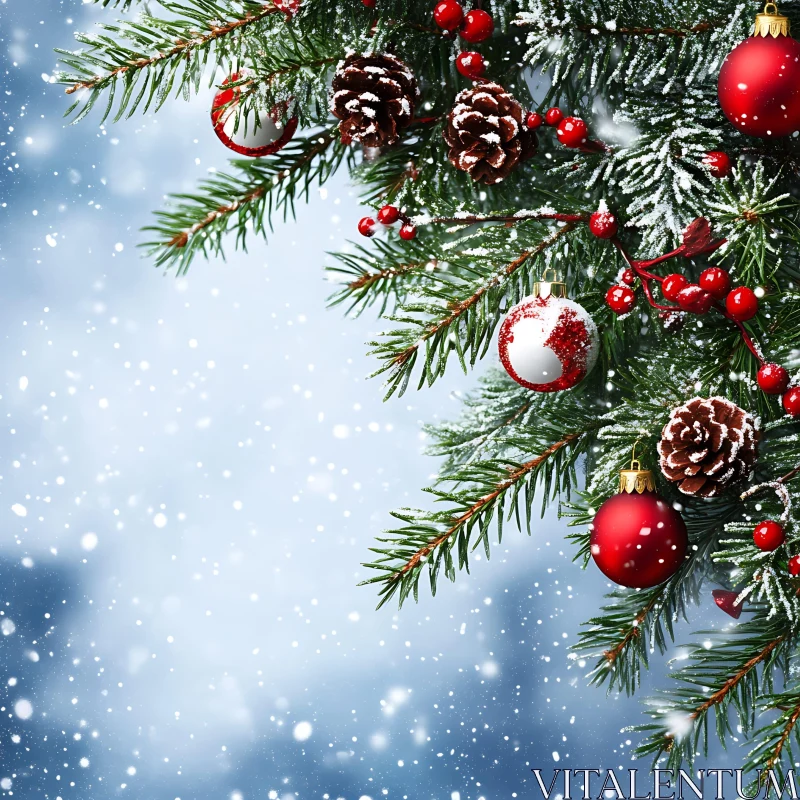 Festive Christmas Tree Branch with Red Ornaments and Snow AI Image