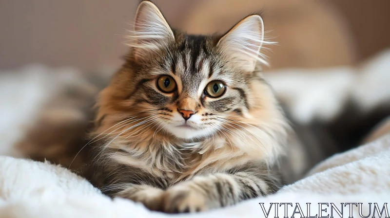 Adorable Fluffy Tabby Cat Resting on a White Blanket AI Image