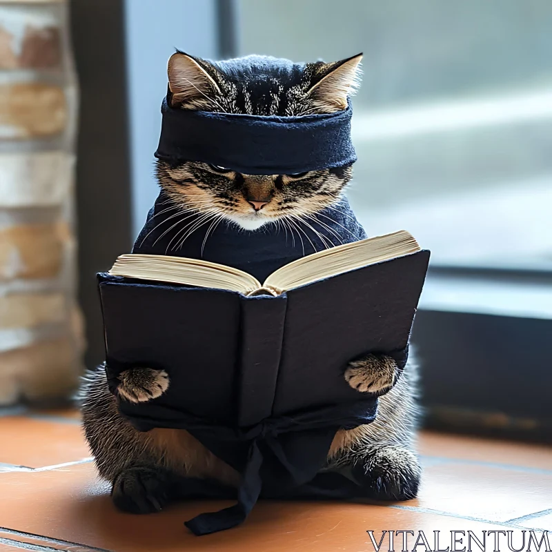 Ninja Cat Reading AI Image