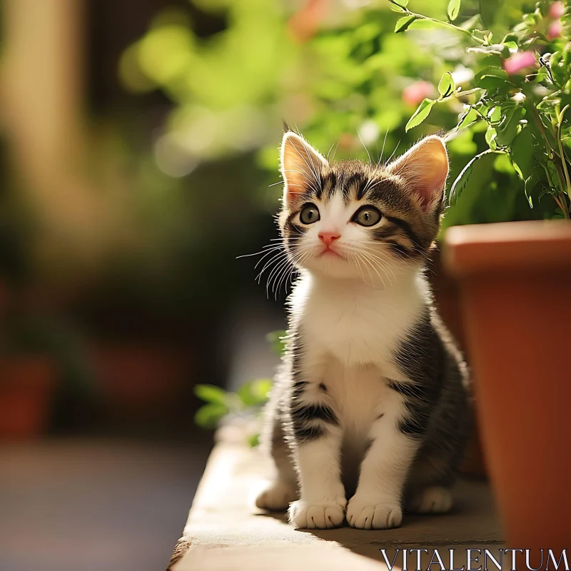 Cute Kitten with Potted Plants AI Image