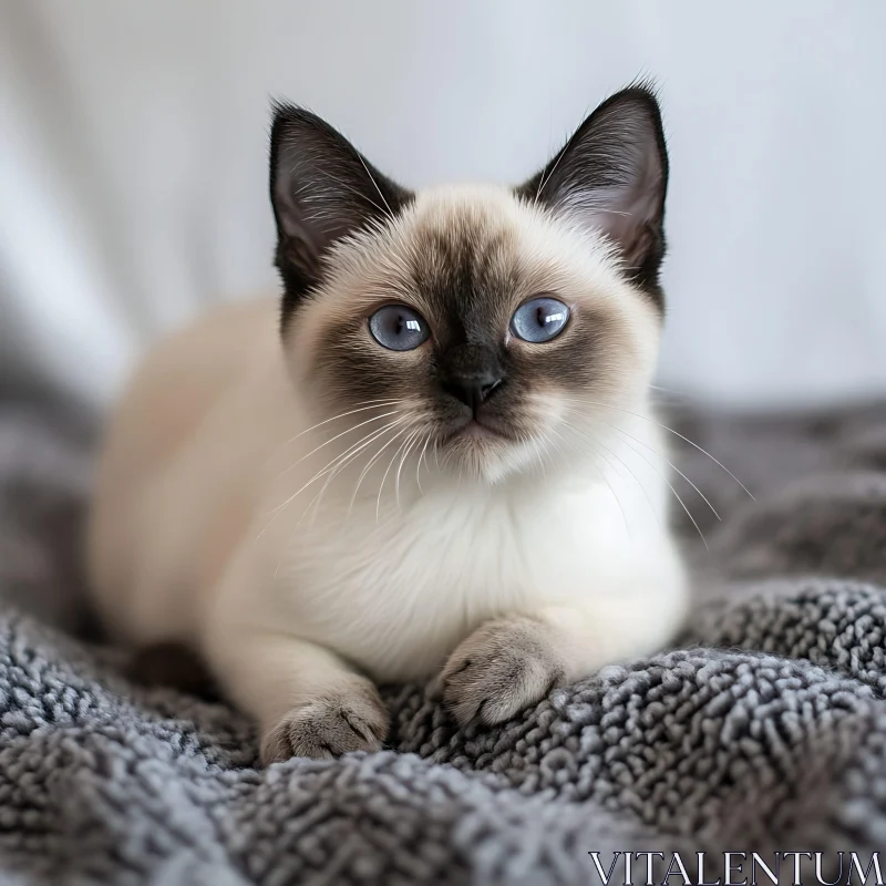 Charming Blue-Eyed Siamese Kitten on Textured Blanket AI Image