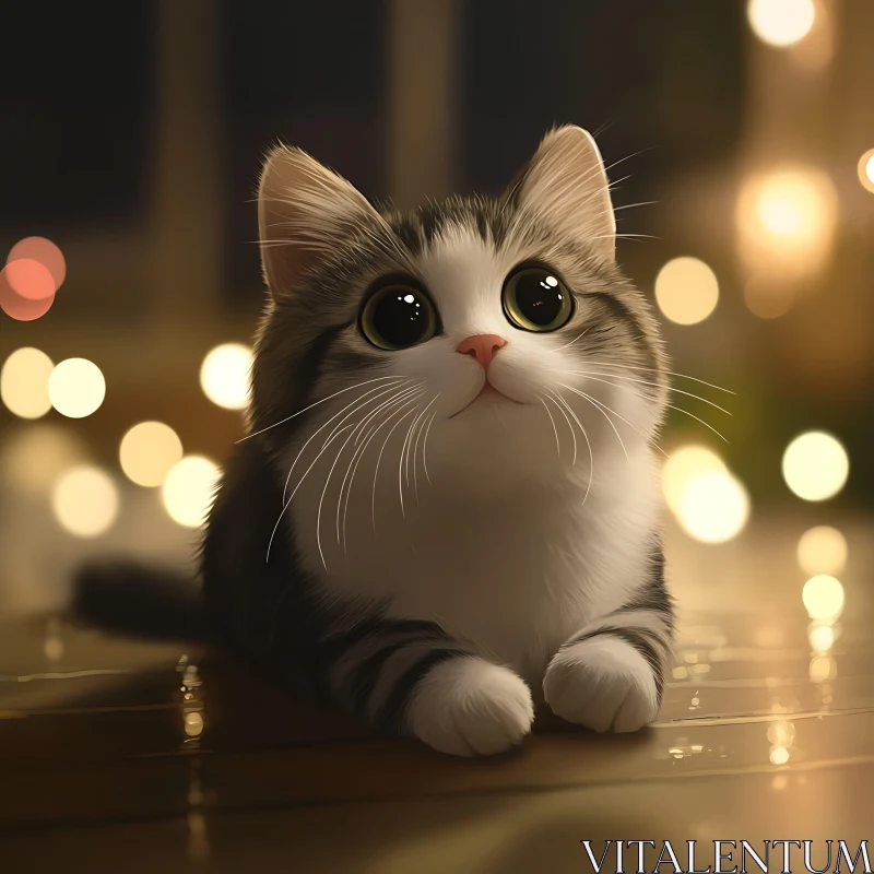 Cute Kitten Gazing Amidst Warm Bokeh Lights AI Image