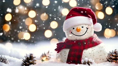 Smiling Snowman with Santa Hat and Lights