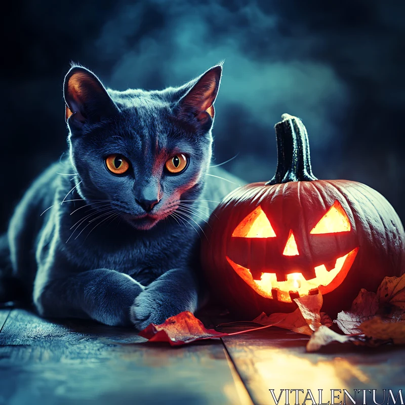 AI ART Halloween Cat with Carved Pumpkin