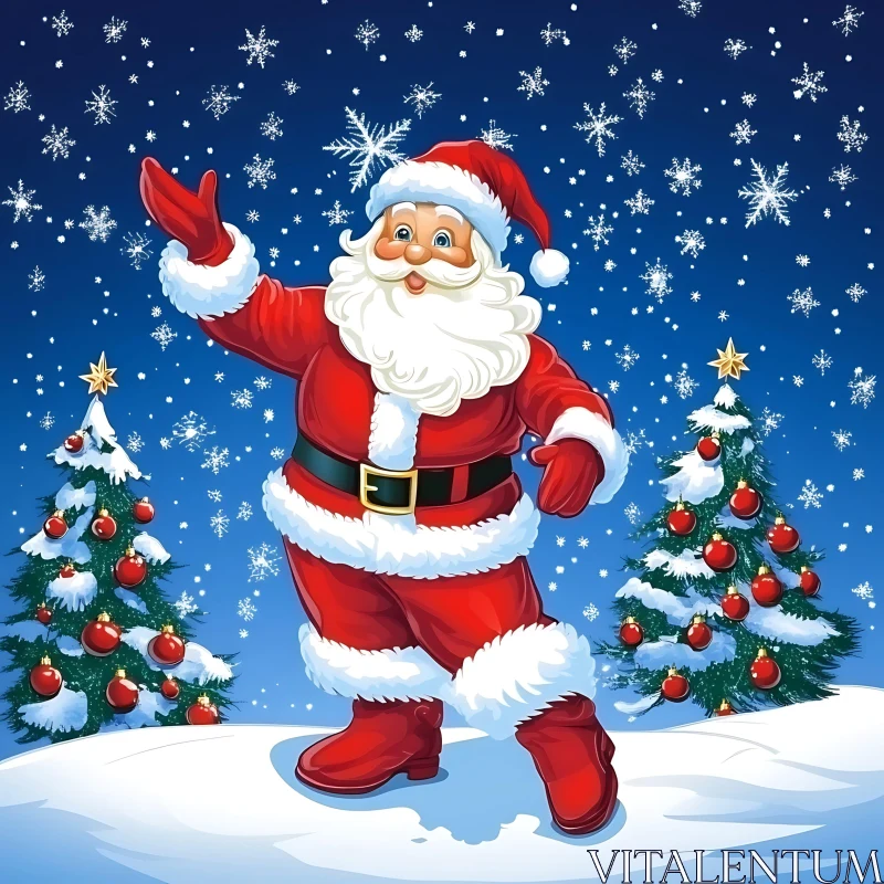 Santa Claus Waving Amidst Snowfall and Christmas Trees AI Image