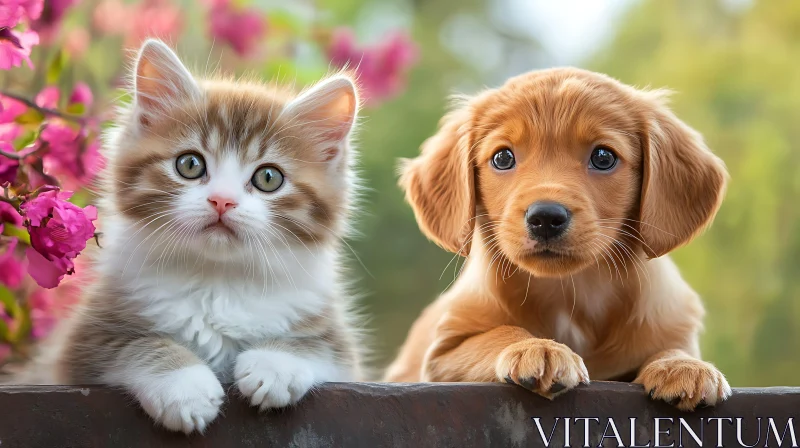 Heartwarming Image of Fluffy Kitten and Cute Puppy AI Image