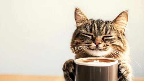 Serene Cat Enjoying a Cup of Coffee