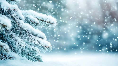 Frosted Pine Tree and Falling Snowflakes