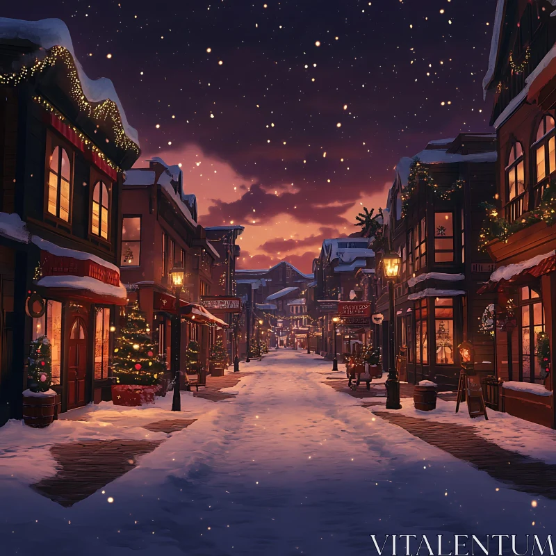 Holiday-Themed Snowy Street Scene in Quaint Town AI Image