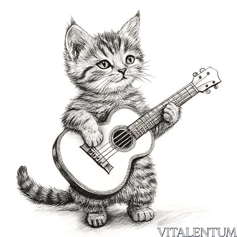 Adorable Kitten Guitarist Illustration AI Image