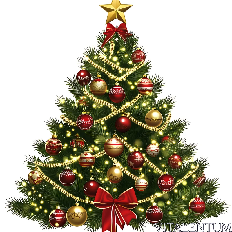 Festive Christmas Tree with Red and Gold Decorations AI Image