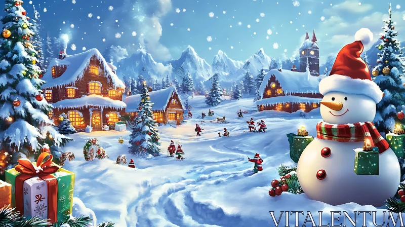 Magical Christmas Village in Winter Snow AI Image