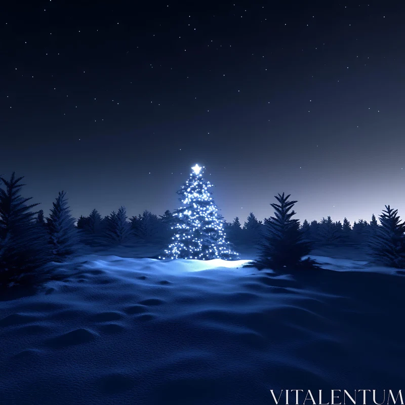 Glowing Christmas Tree in a Snowy Night Forest AI Image