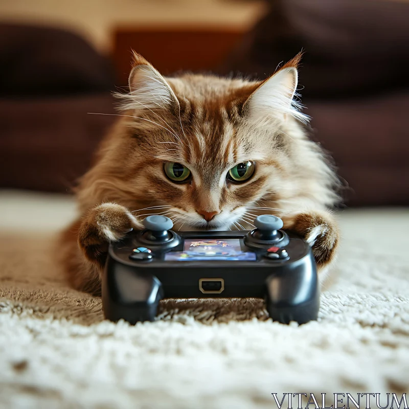 Cat Interacting with Game Controller AI Image