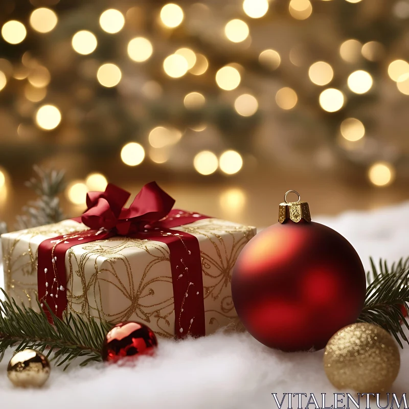 Christmas Gift and Ornaments in Festive Setting AI Image