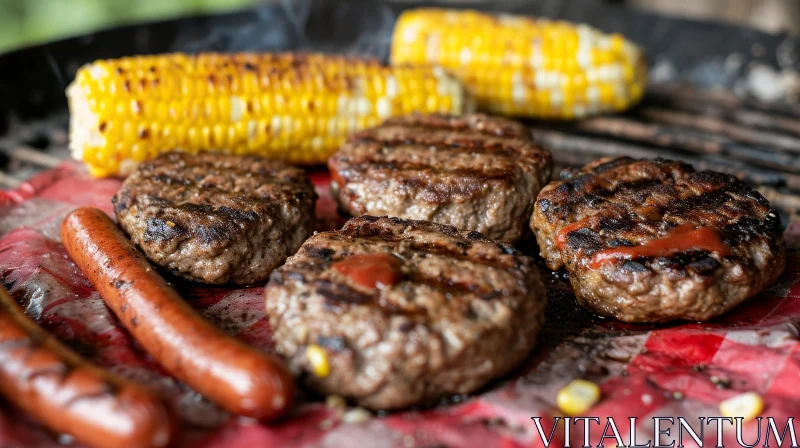 Deliciously Cooked Grill: Beef Patties, Hot Dogs, and Corn AI Image