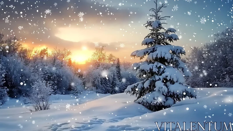 Snow-Covered Pine Tree and Sunset in Winter Wonderland AI Image