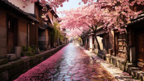 Enchanting Japanese Alley with Pink Blossoms in Dreamlike Cityscape