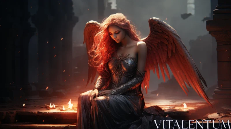 Fantasy Woman with Wings in Ruined Building AI Image