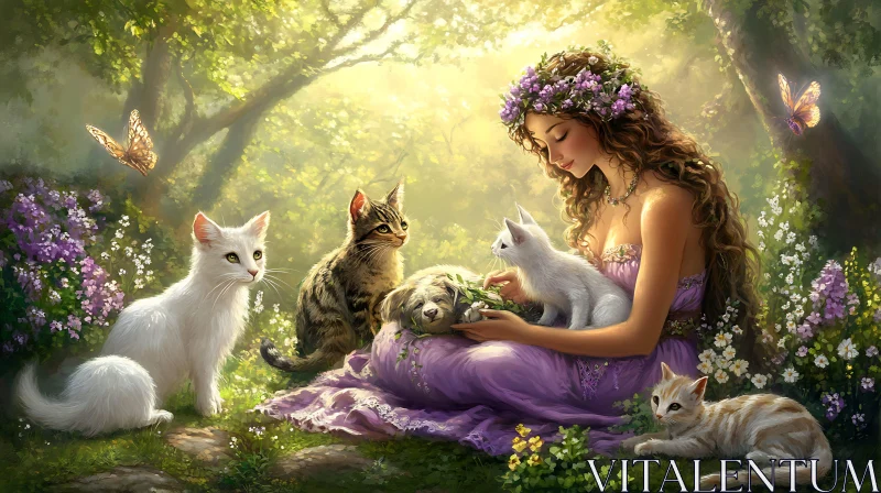 Peaceful Forest Encounter with Cats and a Woman AI Image