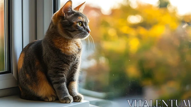 Autumn Scene with Cat Gazing Out Window AI Image