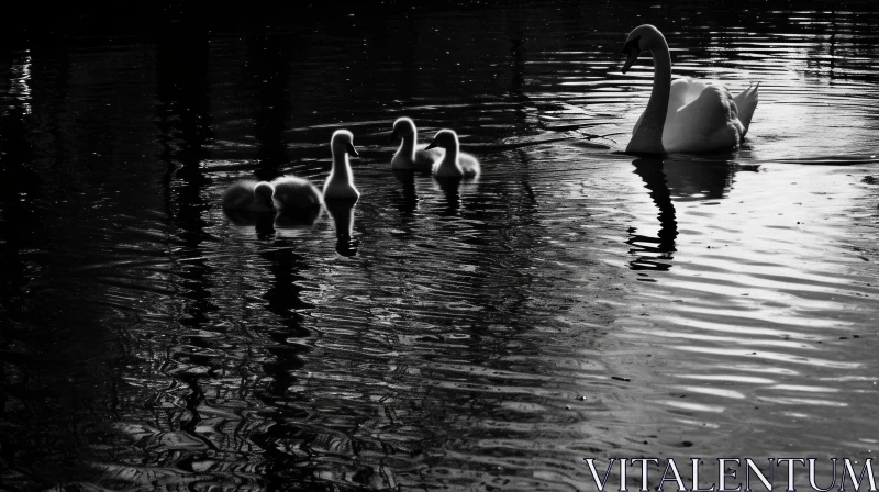 Graceful Swan and Cygnets Swimming in a Serene Lake AI Image