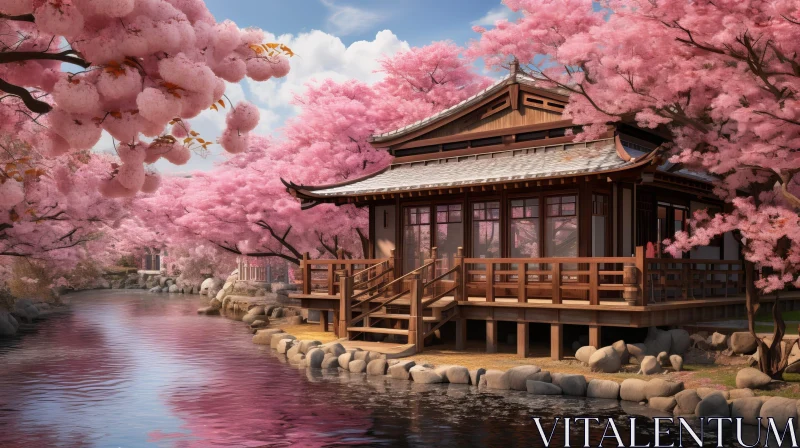Japanese House and Cherry Blossom Trees Landscape AI Image