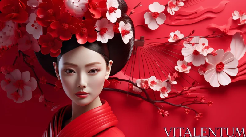 Japanese Woman Portrait in Red Kimono with Cherry Blossoms AI Image