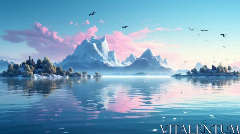 Mountainous Fantasy Landscape with Lifelike Avian Imagery AI Image
