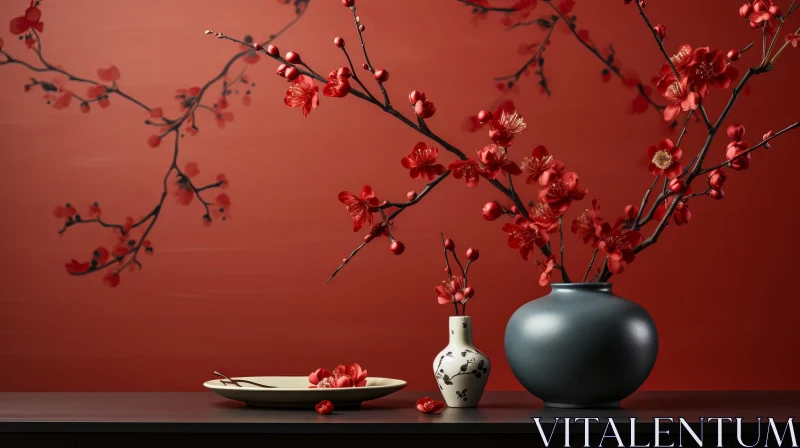Oriental Minimalism: Red Blossoms in a Vase Wall Art AI Image