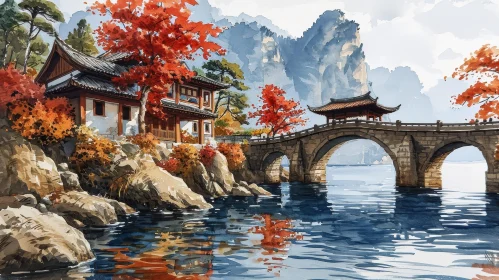 Scenic Watercolor Painting of a Chinese Village by the River