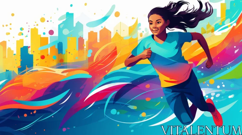 Young Woman Running in City Illustration AI Image