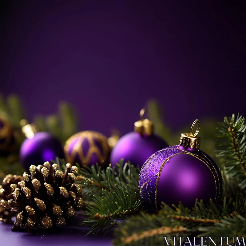 Holiday Decor with Purple Ornaments and Pinecones AI Image