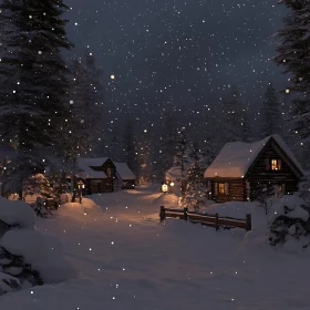 Peaceful Snowy Forest with Illuminated Cabins