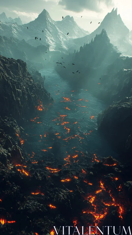 Volcanic Terrain with Flowing Lava River AI Image