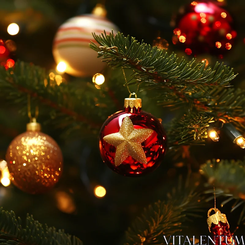 Holiday Tree Decorated with Baubles and Star AI Image