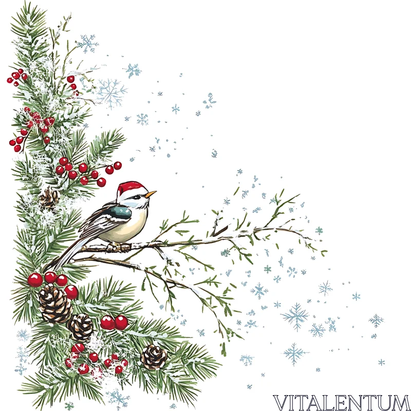 Christmas Bird on Branch with Berries and Snowflakes AI Image