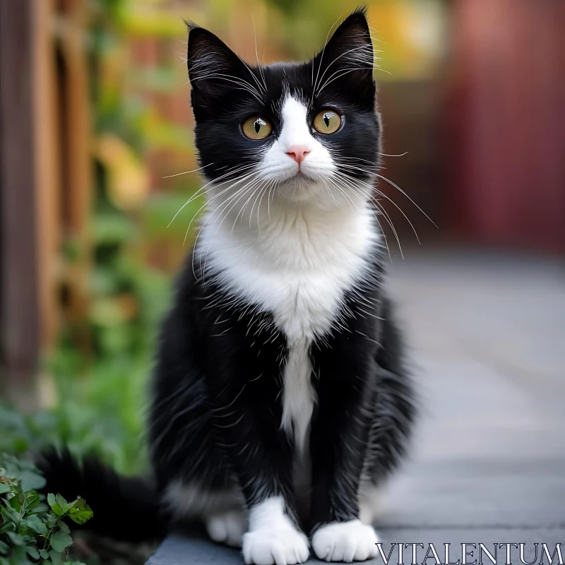 Curious Black and White Cat Outdoors AI Image