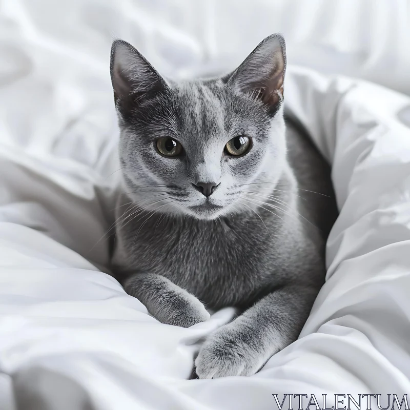 Serene Grey Cat on White Bedding AI Image