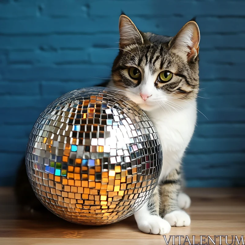 Feline and Disco Ball Interplay AI Image