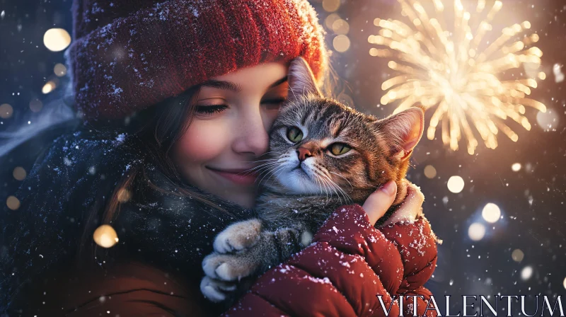 AI ART Magical Winter Hug with Snow and Fireworks