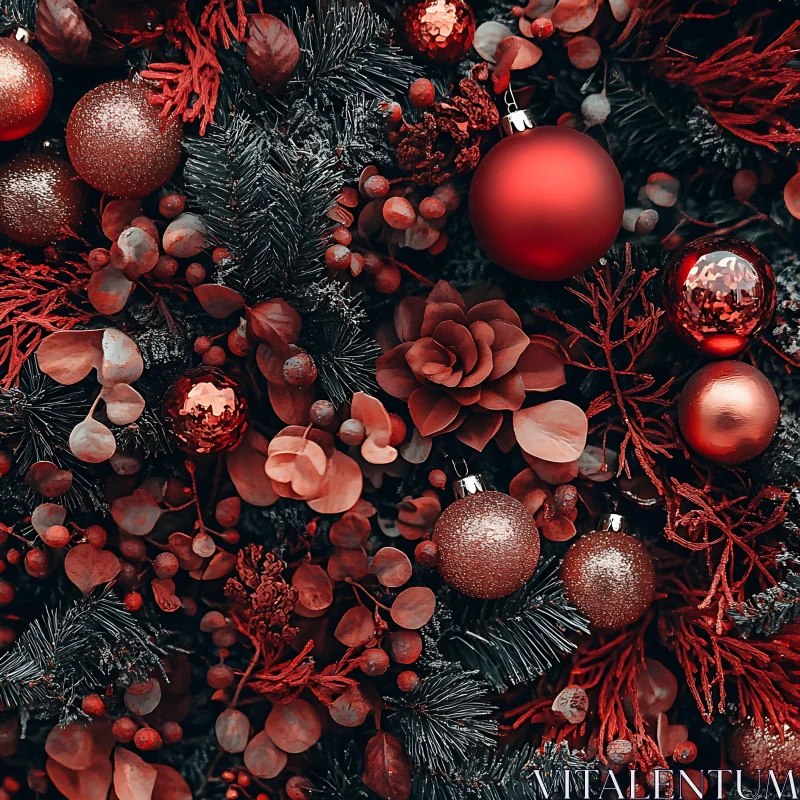 Festive Christmas Decoration with Red Ornaments AI Image