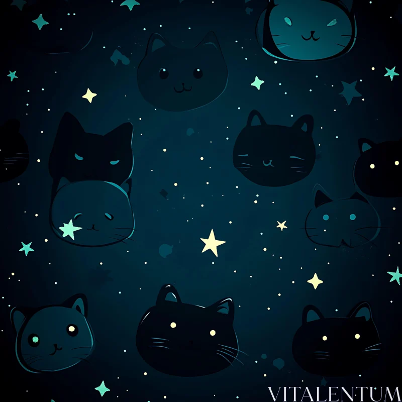 Cute Cat Faces Floating in Starry Night AI Image