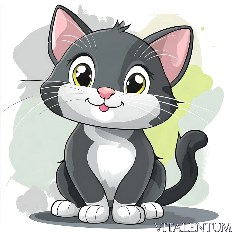 Cute Grey and White Kitten Cartoon AI Image