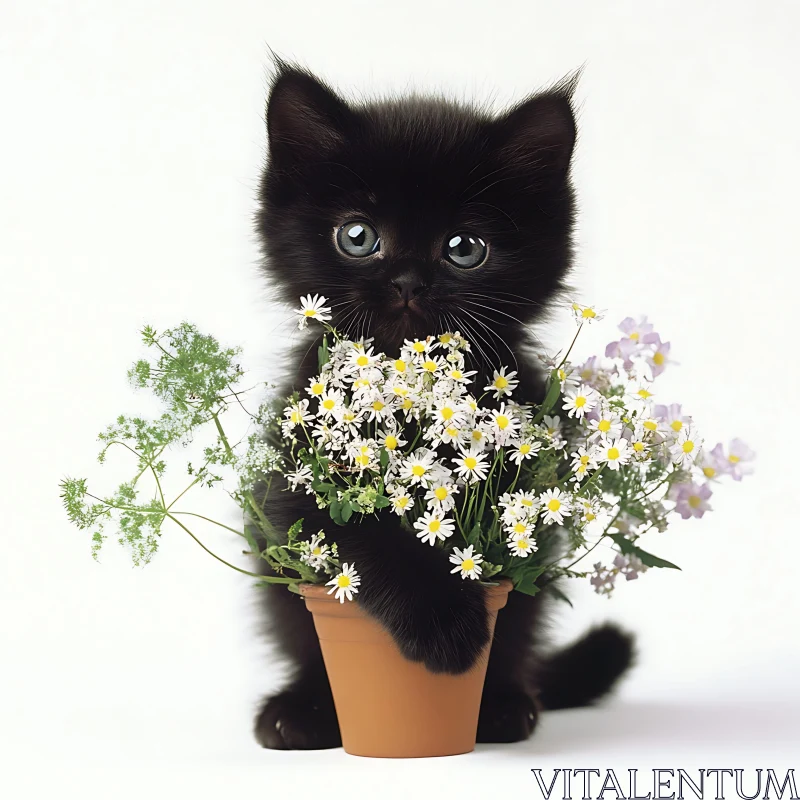 Cute Black Kitten Behind a Flower Pot AI Image