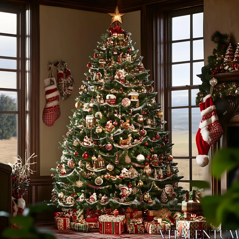 Festively Adorned Christmas Tree with Presents and Stockings AI Image