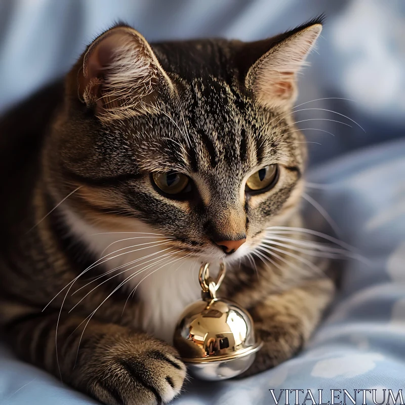 Charming Tabby Cat Wearing a Gold Bell AI Image